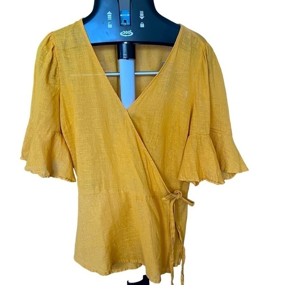 Old Navy Yellow Linen Blend Wrap Front 3/4 Flutter Ruffle Sleeve Wrap Top M Tall - Picture 1 of 10